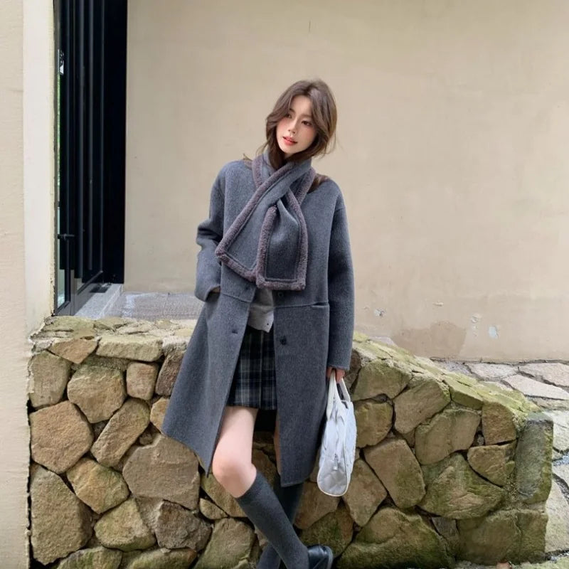 Autumn and winter hot fashion round neck scarves, medium to long styles, small women's double-sided wool coats with temperament,