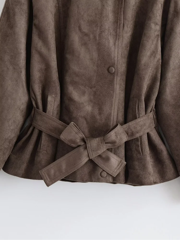 Women Brown Faux Suede Short Jacket Tie‑waist Long Sleeve Vintage Streetwear 2026 Lady New Autumn Winter Casual Outerwear Coat