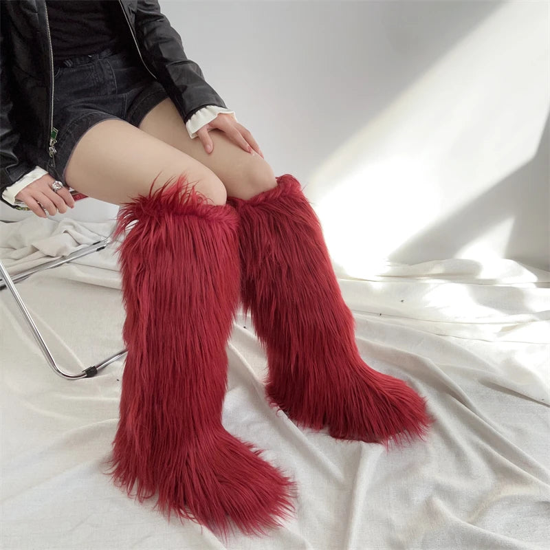 Hot Sale Ins Fashion Long Women Furry Boots Winter Knee Length Keep Warm Ladies Snow Boots