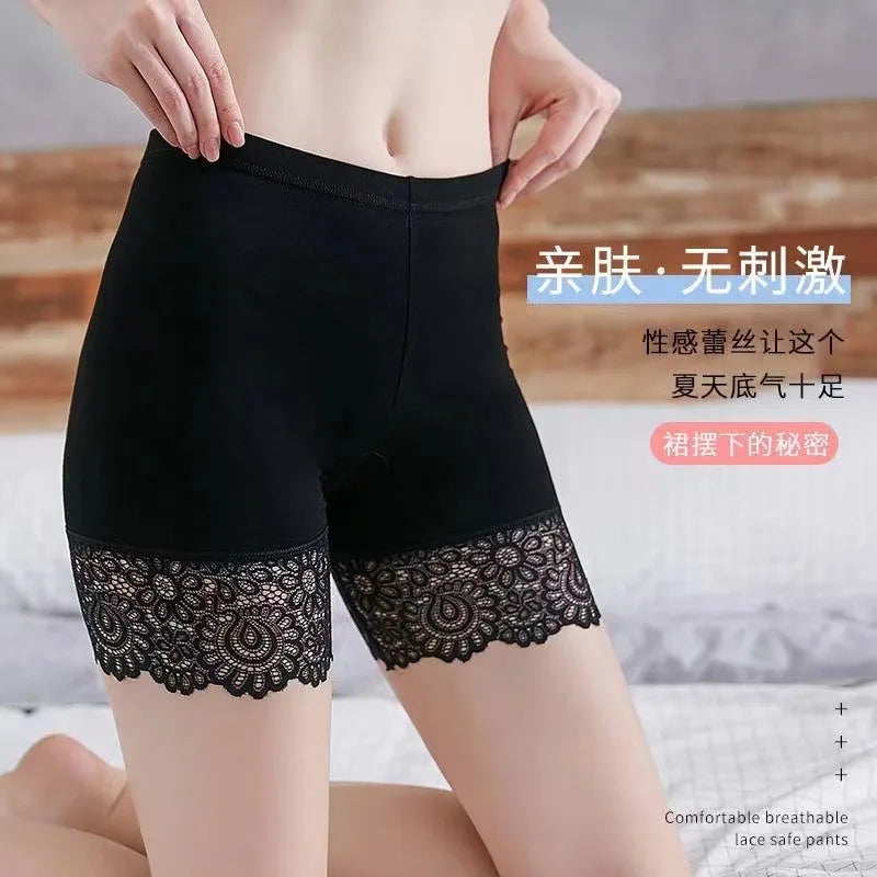 Soft Ice Silk Safety Shorts Pants Women Thin Summer Anti-Slip Lace Under Skirt Black Elastic 3/4 Leggings Bottoms Slim Fit 2024