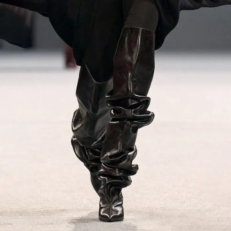 Women's Fashion Pointed Thick Soled Pleated Short Boots, Autumn and Winter Thick Heeled Long Boots, Sexy Runway Women's Boots