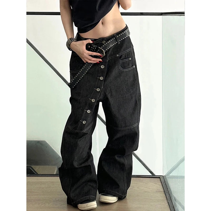 Personalized Jeans American High Street Curved Long Button Scimitar Women's Jeans Summer Loose Wide-Leg Pants Trendy  Trousers