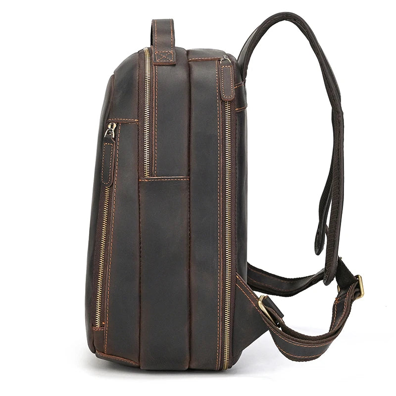Luufan Men's Retro Crazy Horse Leather Backpack Brown Genuine Leather Rucksack Brown 14 Inch Laptop School Bag