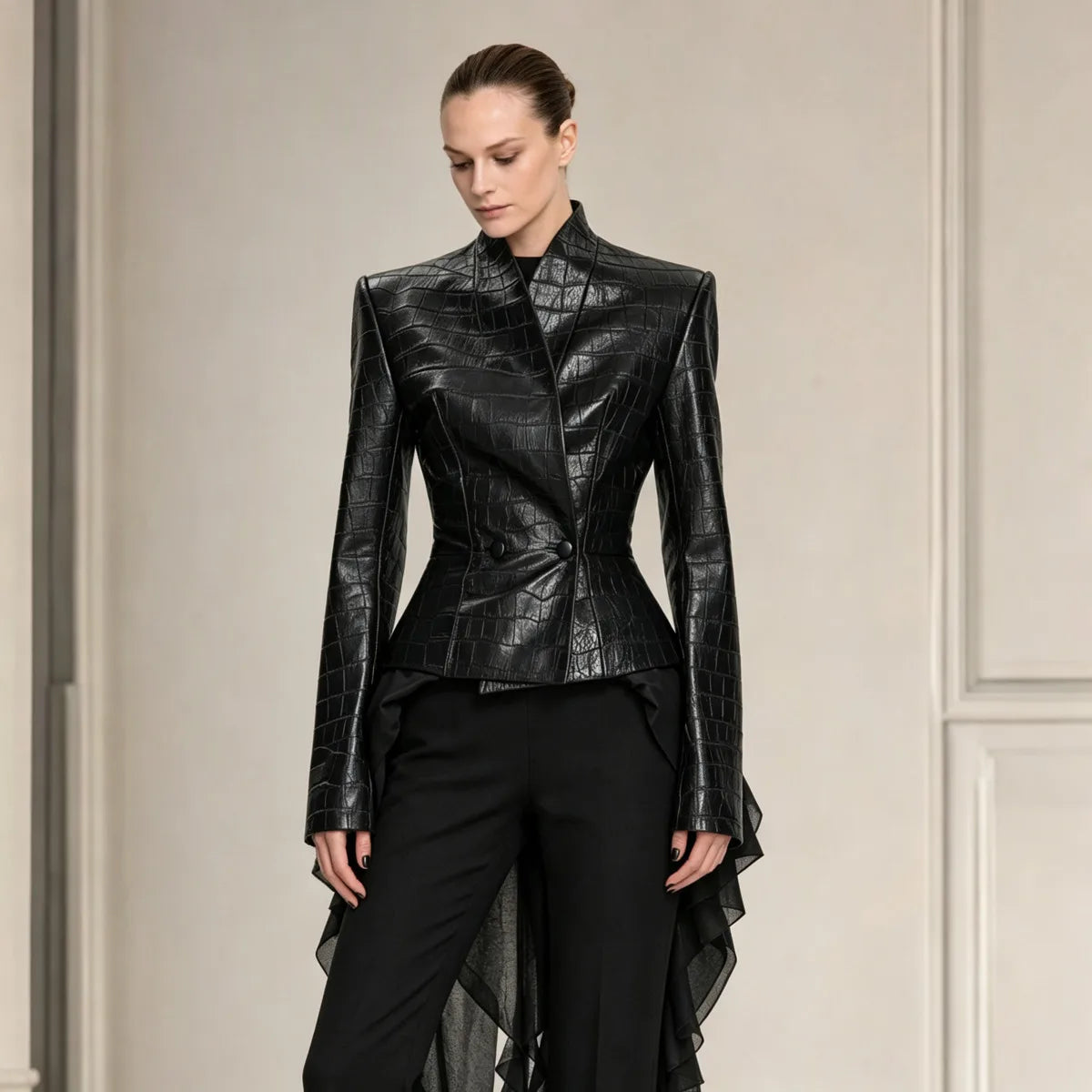 TOKO 2026 New Women V Neck Embossed Faux Leather Jacket Double Button Fitted Waist Long Sleeve Solid Black Slim Short