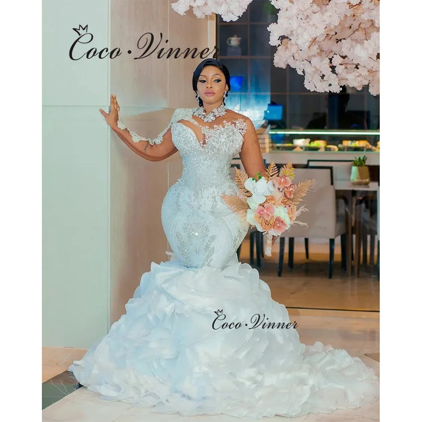 Customized High Neck  Africa Luxury Mermaid Wedding Dresses 2026 Detachable Ruffle Train Beaded Lace Wedding Dress Women W1433