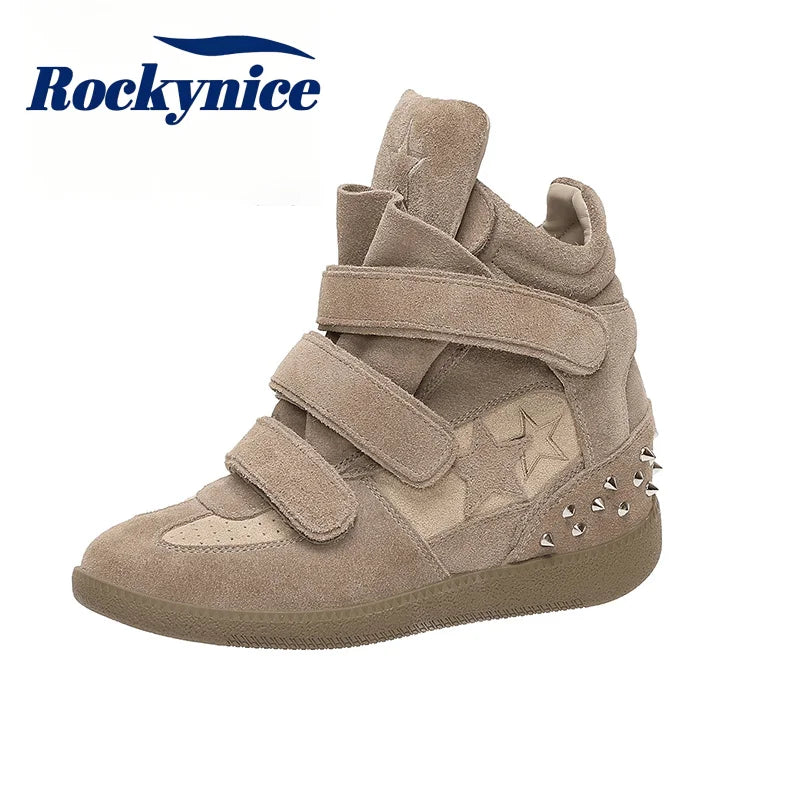 High Top Women's Sneakers New 2026 Autumn Winter Ankle Boots Thick Bottom Leather Casual Shoes Wedge Heels Hook&Loop Sport Shoes