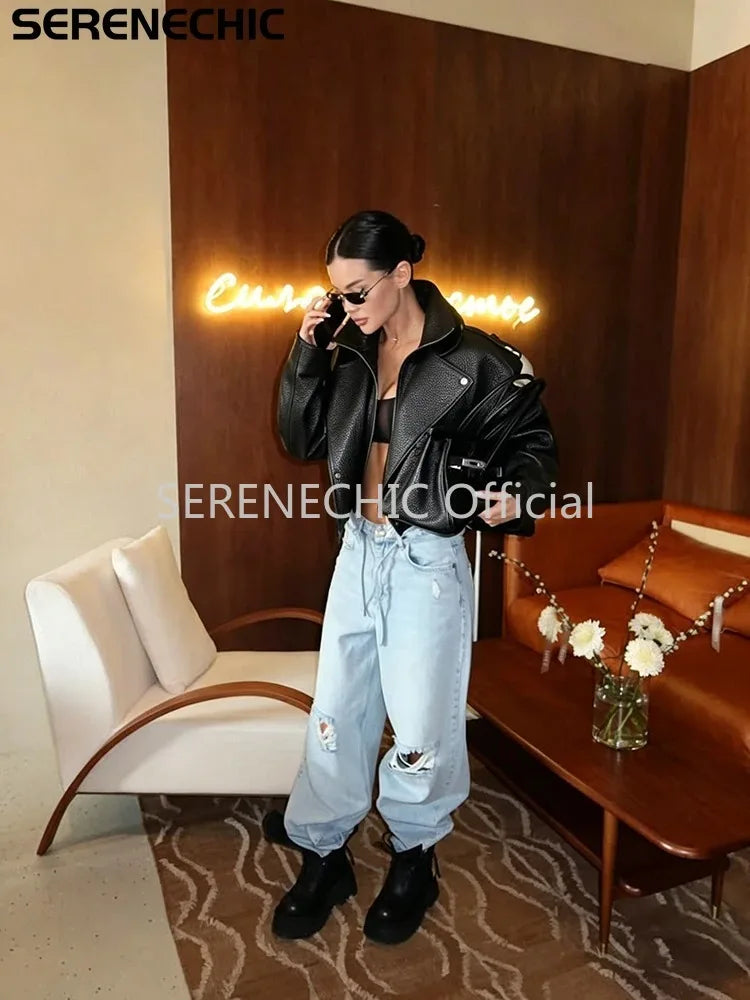 SERENECHIC Women's Black Faux Leather Cropped Moto Jacket Asymmetric Zip PU Biker Coat Female New Autumn Vintage Punk Outerwear