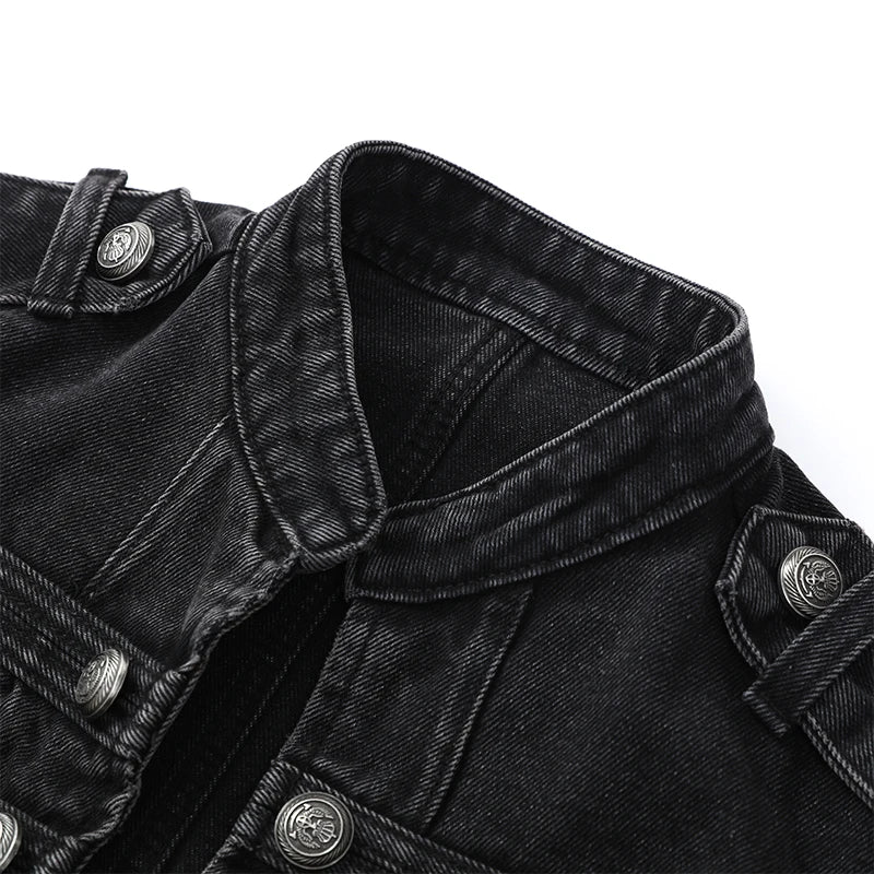 Vintage Denim Military Jacket Women Retro Solid Round Neck Single Breasted Slim Short Jackets 2026 Lady Daily Street Outerwears