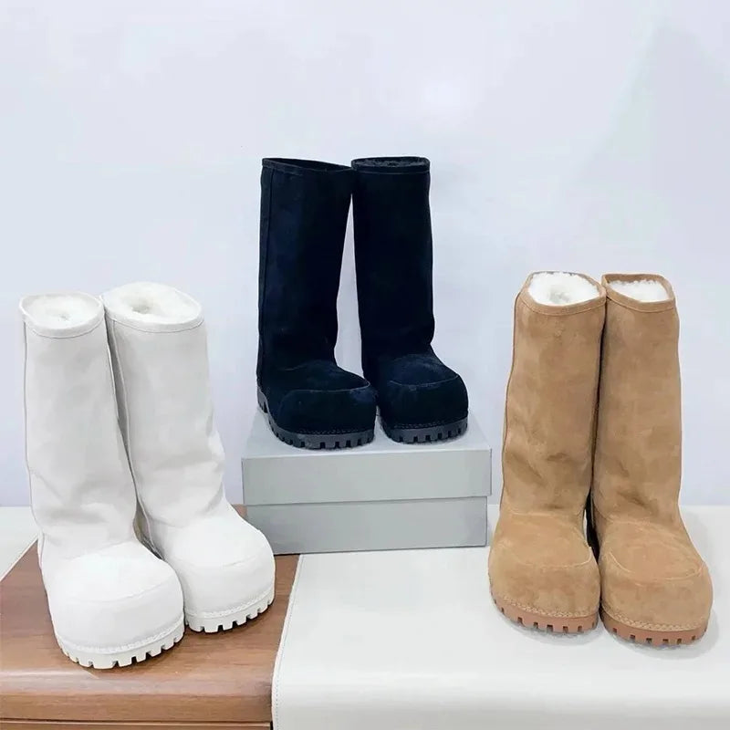 New Fashionable Snow Boots Platform Elevating Warm Cotton Shoes Warm Big Head Design Long Boots Ladies All-over Brown Long Boots