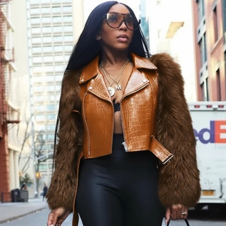 Leosoxs Winter New Sexy Fur Leather Patchwork Jacket for Woman Motorcycle Lapel Zipper Crop Coat  Female Streetwear Clothing