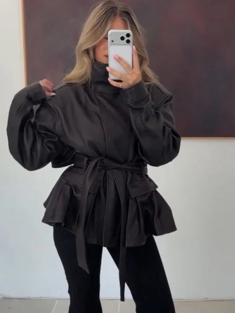 Women's Black Belted Faux Leather Jacket High Neck Long Sleeve Waist Belt Autumn Winter Peplum Jackets 2026 Street Outerwear