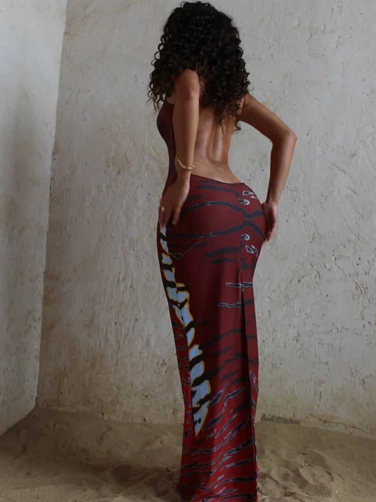 Nibber Tiger Stripe Print Backless Maxi Dress Women Sleeveless Sexy Skinny Clubwear Stretch Tight Beach Vacation Slim Vestidos