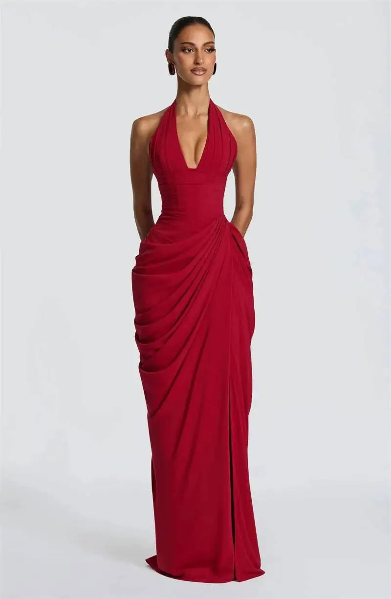 Mozision Wine Red Halter Deep V Maxi Dress Women Elegant Draped Ruched High Split Bodycon Cocktail Wedding Club Party Dresses