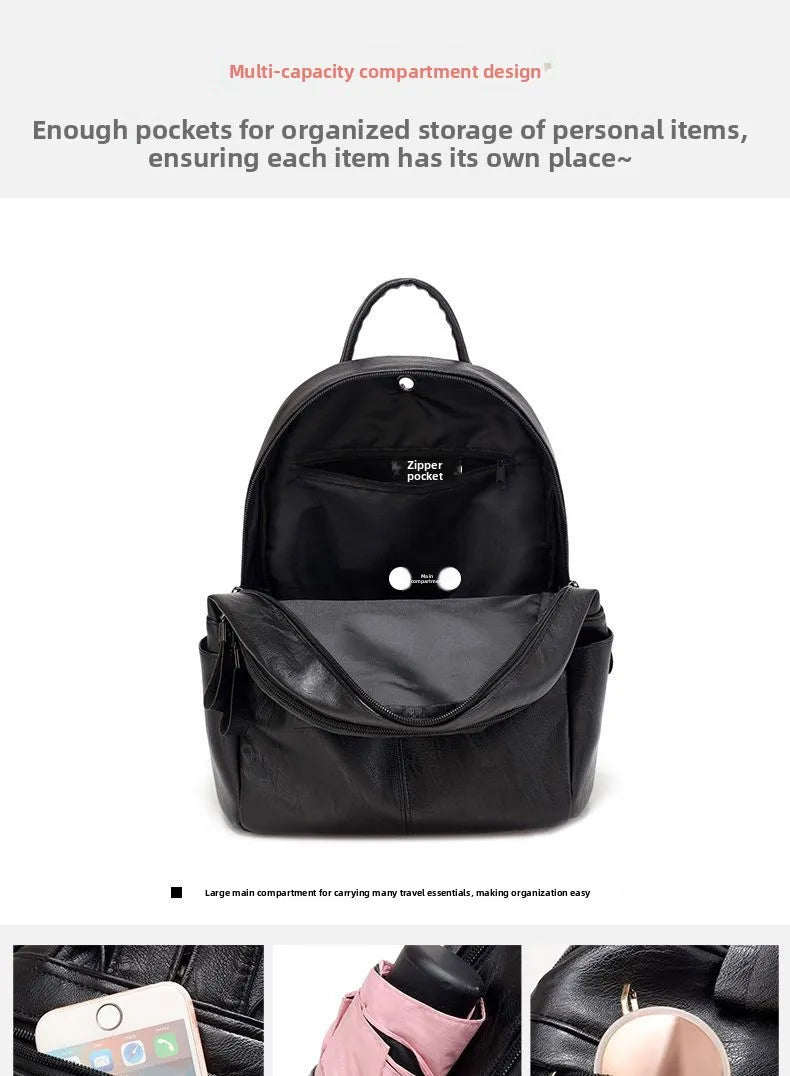 Women's Large Capacity Soft Leather Backpack Fashionable Street Style Travel Bag 2025 New Korean Version Trendy Ladies Bag