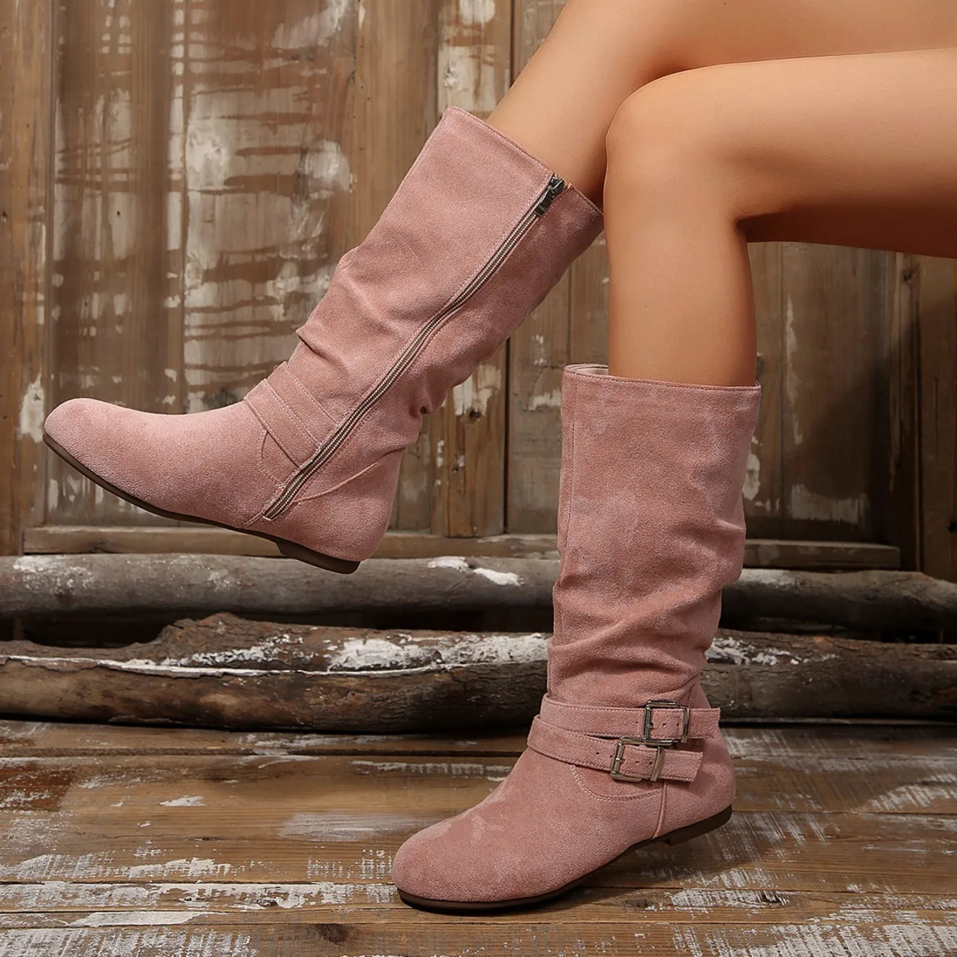 Spring Autumn Fashion Pleated Design Round Toe Women's Knee High Boots 2026 New Trend Buckle Strap Comfort Soft Sole Women Shoes