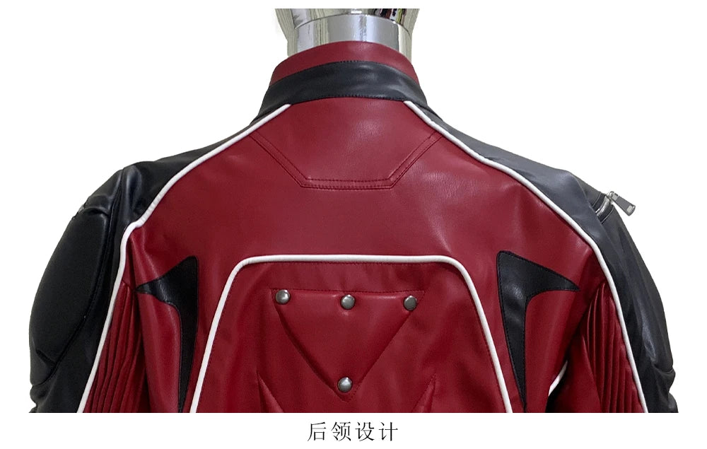 Nerazzurri Autumn Winter Short Color Block Pu Leather Racer Jacket Men Shoulder Pads Rivet Zipper Luxury Designer Clothes 2025