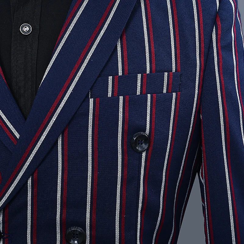 Navy Blue Mens Double-breasted Suit Two-piece Set, White Vertical Striped Jacket Paired with Matching Trousers, Asian Size S-XXL