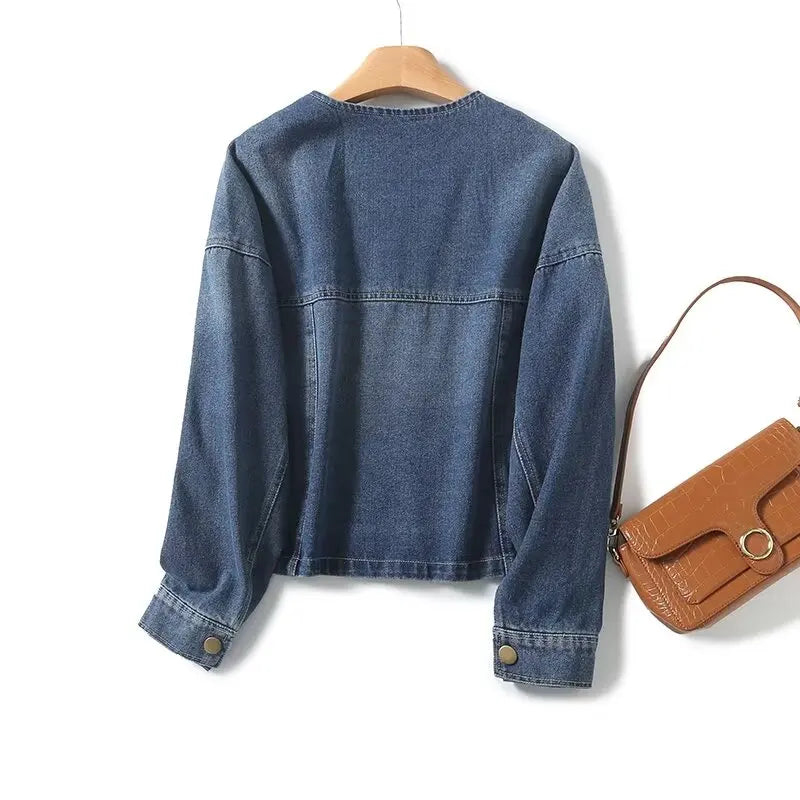 Maxdutti Fashionable Women's Retro Denim Jacket Coat Women Minimalism Denim Bomber Round Neck Jacket