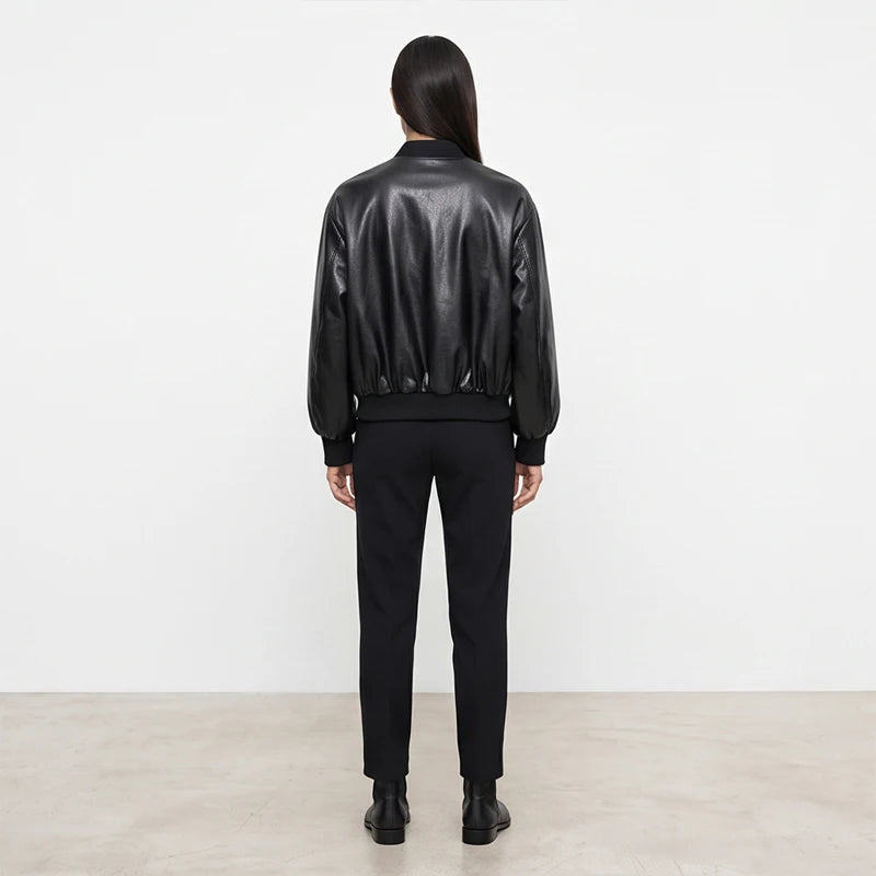  Women's Faux Leather Bomber Jacket Black Stand Collar Cropped Loose Vintage Outerwear 2026 Autumn Lady Street Chic Casual Coat
