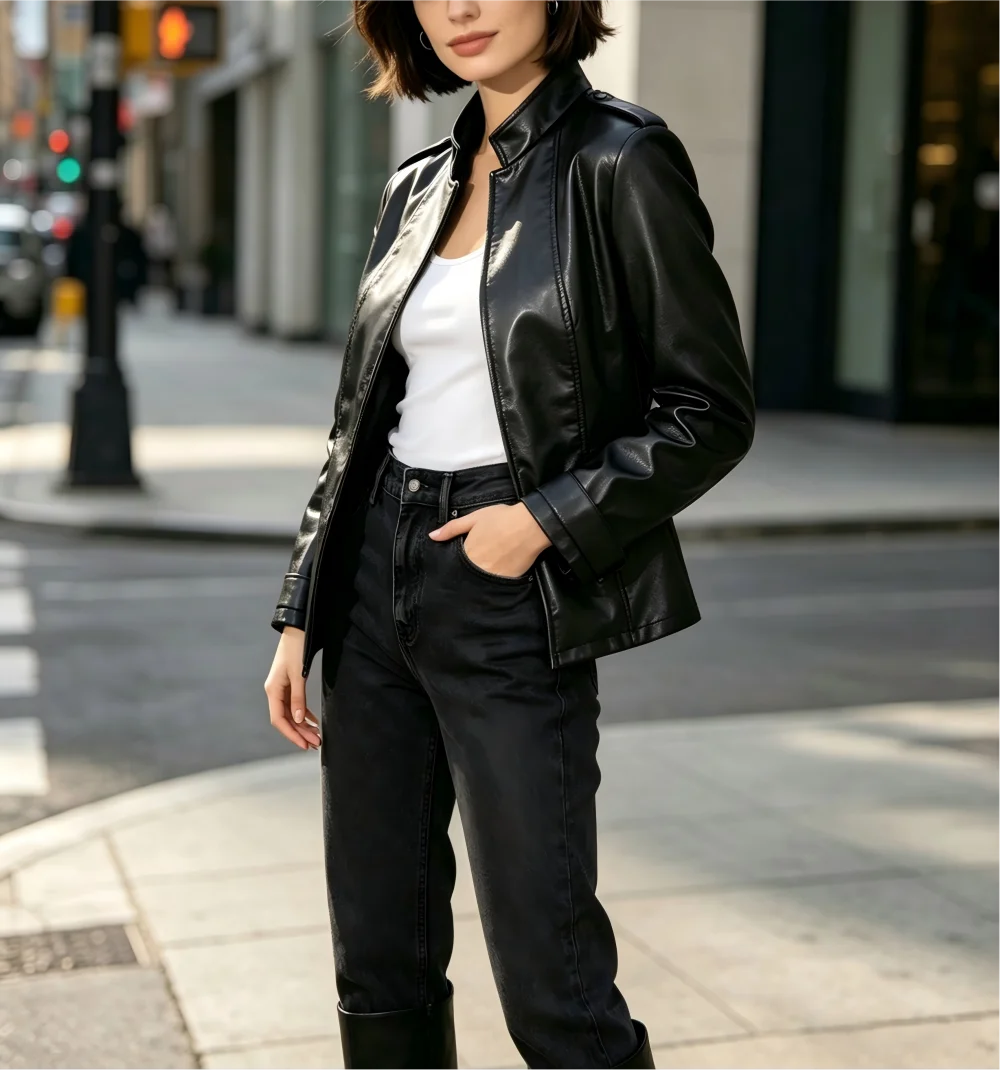 Women Stand Collar Long Sleeve Pu Leather , Vintage Distressed Gothic Fashion Outerwear For European American Style