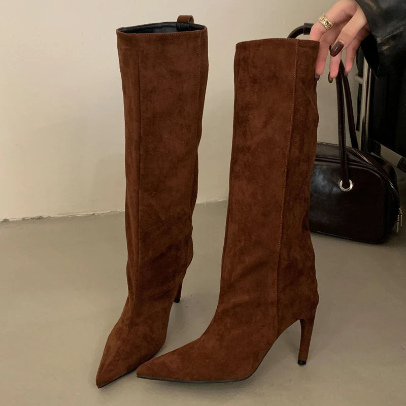 Aneikeh Fashion Winter Pointed Toe Knee-High Women Boots Thin Heels Shoes Female Punk Long Booties Zapatos De Muje