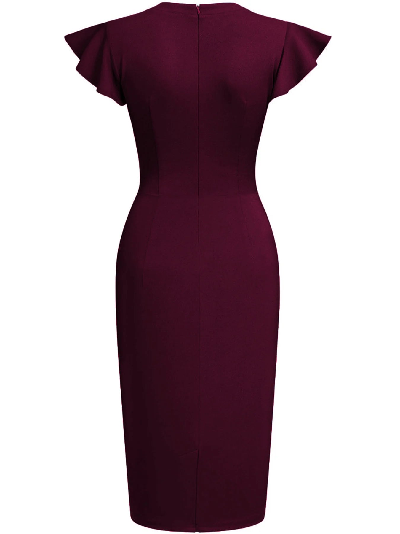 Women Crew Neck Ruffle Vintage Slim Work Office Cocktail Party Knee Length Sheath Bodycon Pencil Slim Dress