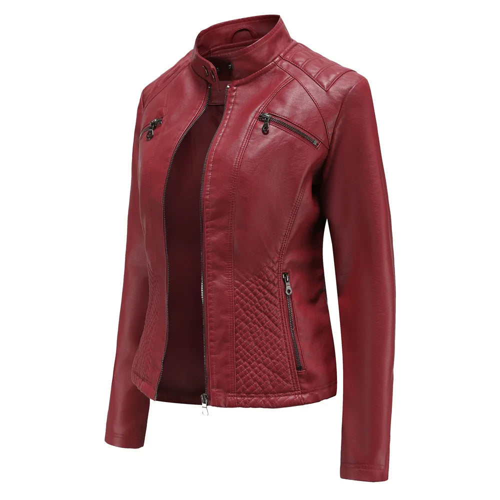 Ladies casual stand-up collar jacket Slim models women's spring and autumn solid color women's leather jacket