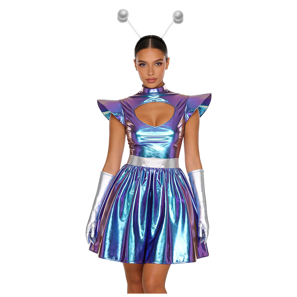 Womens Space Alien Costume Shiny Metallic High Waist A-line Dress with Gloves Astronaut Cosplay Outfits for Halloween Party