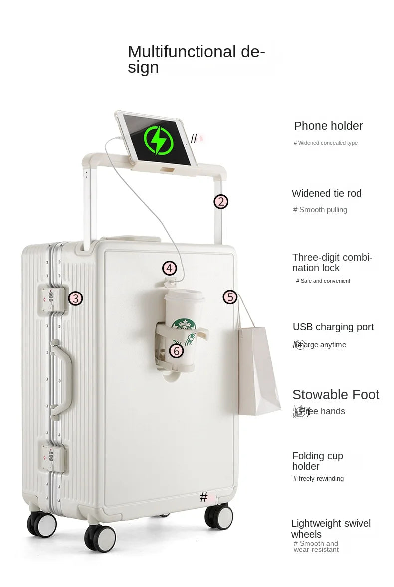 Wide Tie Rod Luggage Aluminum Frame with Durable PC Trolley Case 30 inch Multifunctional Suitcase with Large Capacity
