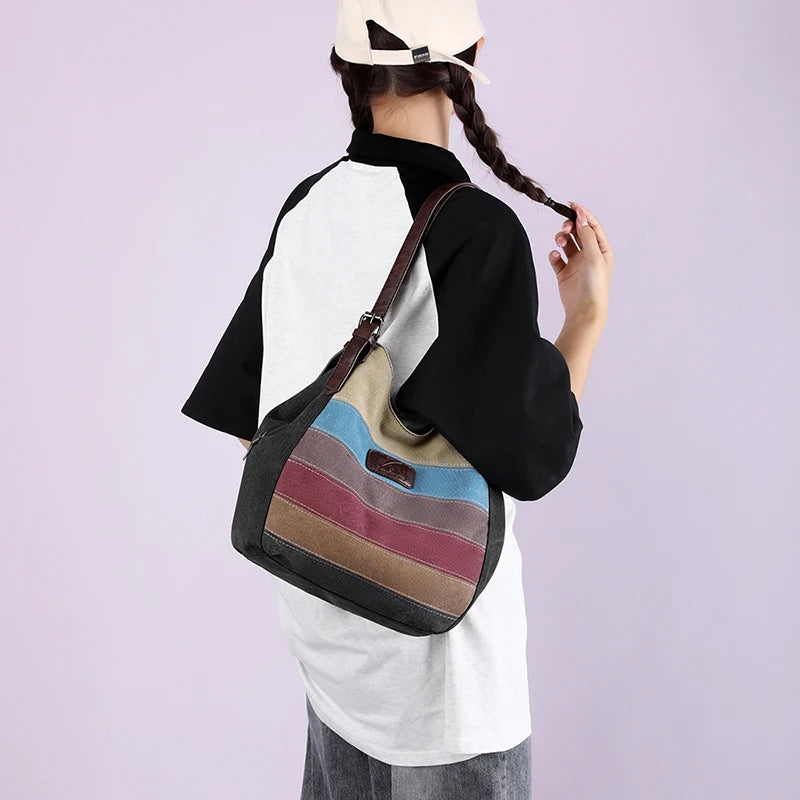 Canvas patchwork Female Top-Handle Bag Women Shoulder Bag Vintage Ladies Commuting Handbags