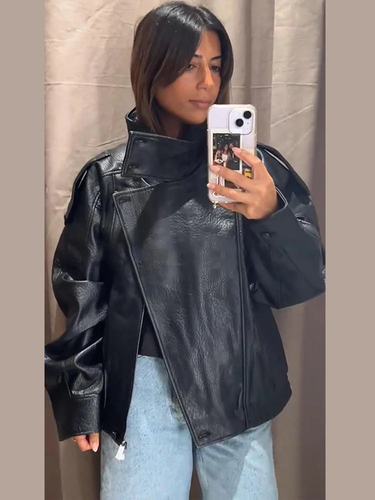 Fashion Leather Women's Jacket Y2k Street Single-breasted High Neck Female Coats 2026 Autumn Black Pu Long Sleeve Lady Jackets