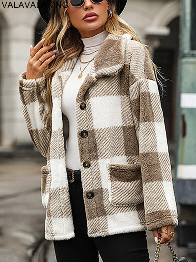2026 Autumn Winter Long Sleeve Thick Jacket For Women Plush Warm Button Casual Coat Lady Elegant Loose Plaid Coat Female Clothes