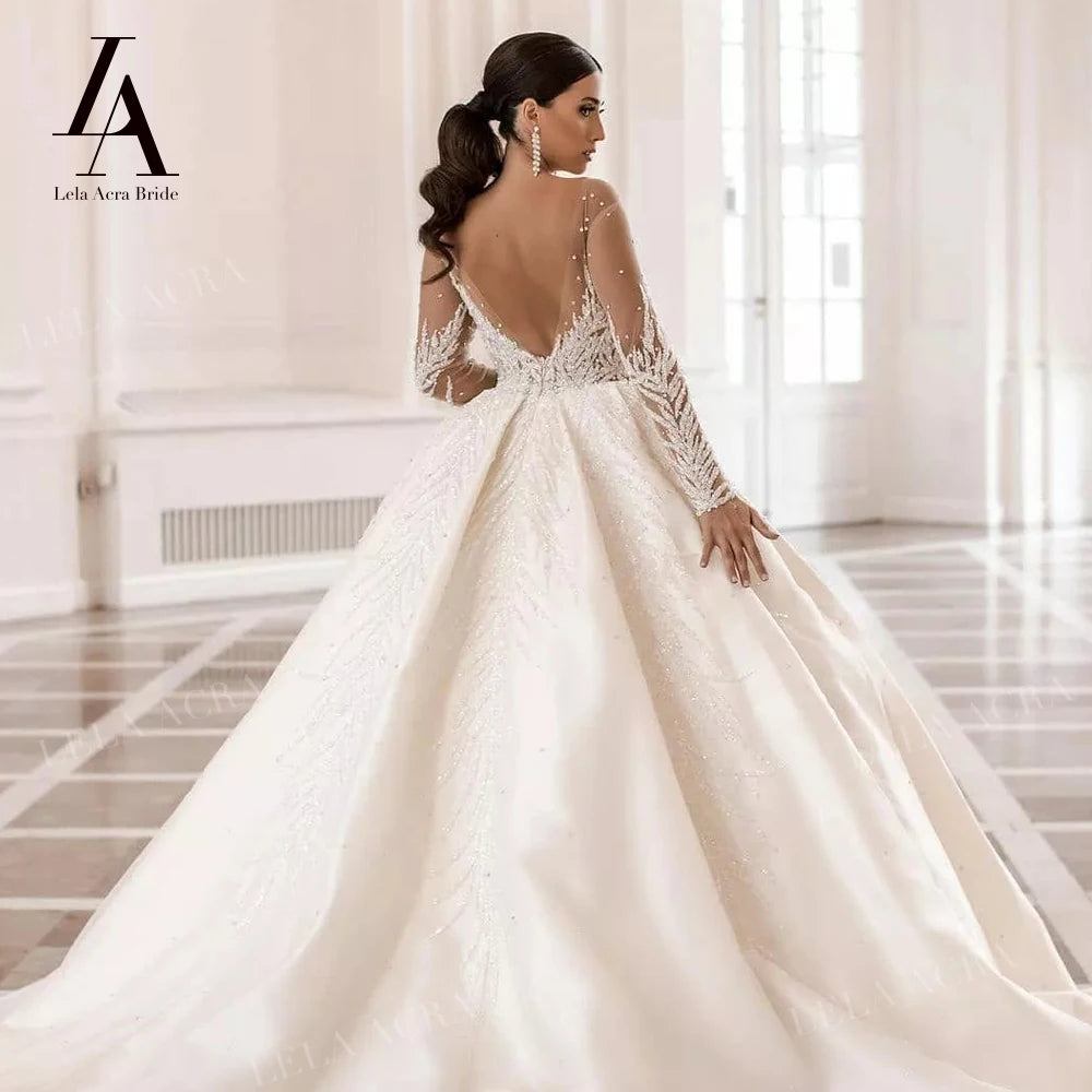 LelaAcra Long Sleeve Wedding Dress 2026 Sweetheart Beaded Backless A-Line Princess Bride Gown SM72 Plus Size Vestido De Noiva