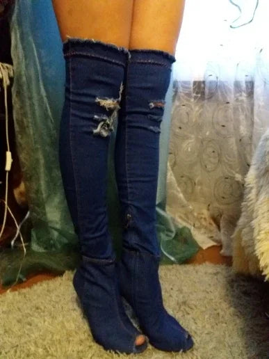 Summer Autumn Thigh High Boots Women Fashion Peep Toe Over The Knee Boots Blue Denim Jeans Zipper Long Boots Shoes Ladies