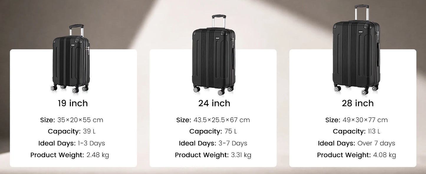 Kono Large Hard Shell Luggage 19/24/28 inch Lightweight ABS 4 Wheels Spinner Business Trip Trolley Case Suitcase