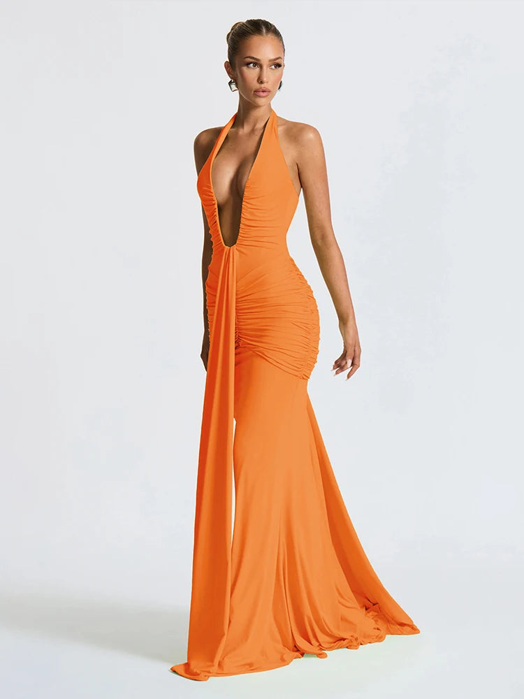Weird Puss Backless Tassel Dress Women Peach Buttock Pleated Patchwork Solid Halter Sleeveless Midnight Clubwear Party Vestidos