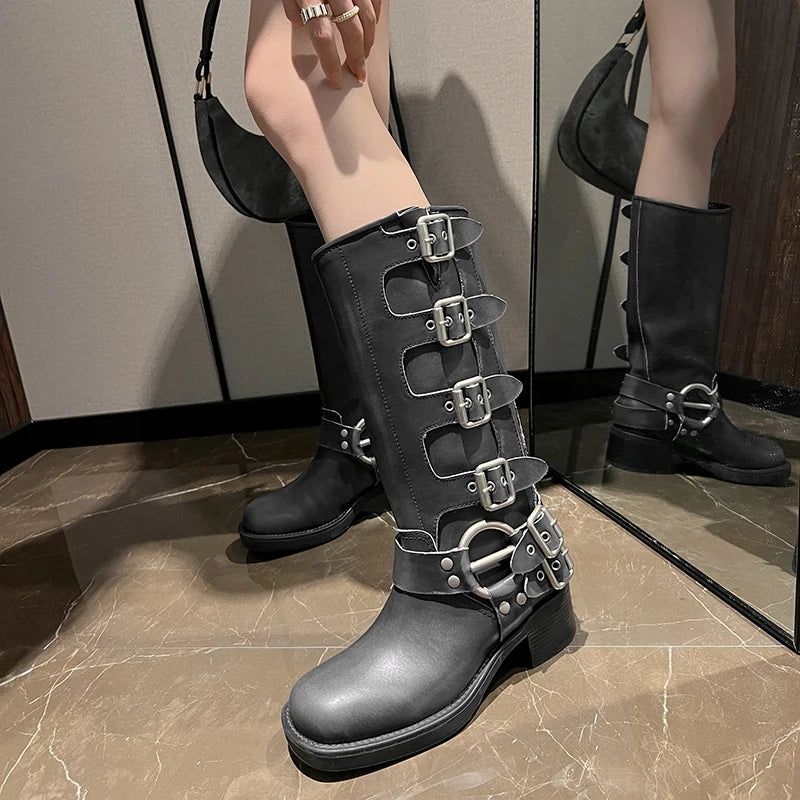 Arden Furtado Women's Cowhide Riding Boots Round Toe Pull-On Mid-Calf Genuine Leather Boots with Belt Buckle Knight Style