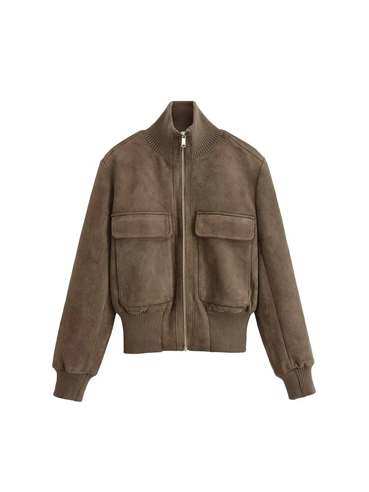 TFMLN 2026 Women Suede Leather Jacket with Pockets Autumn Winter High Collar Long Sleeve Zipper Jacket Lady Slim Chic Coats