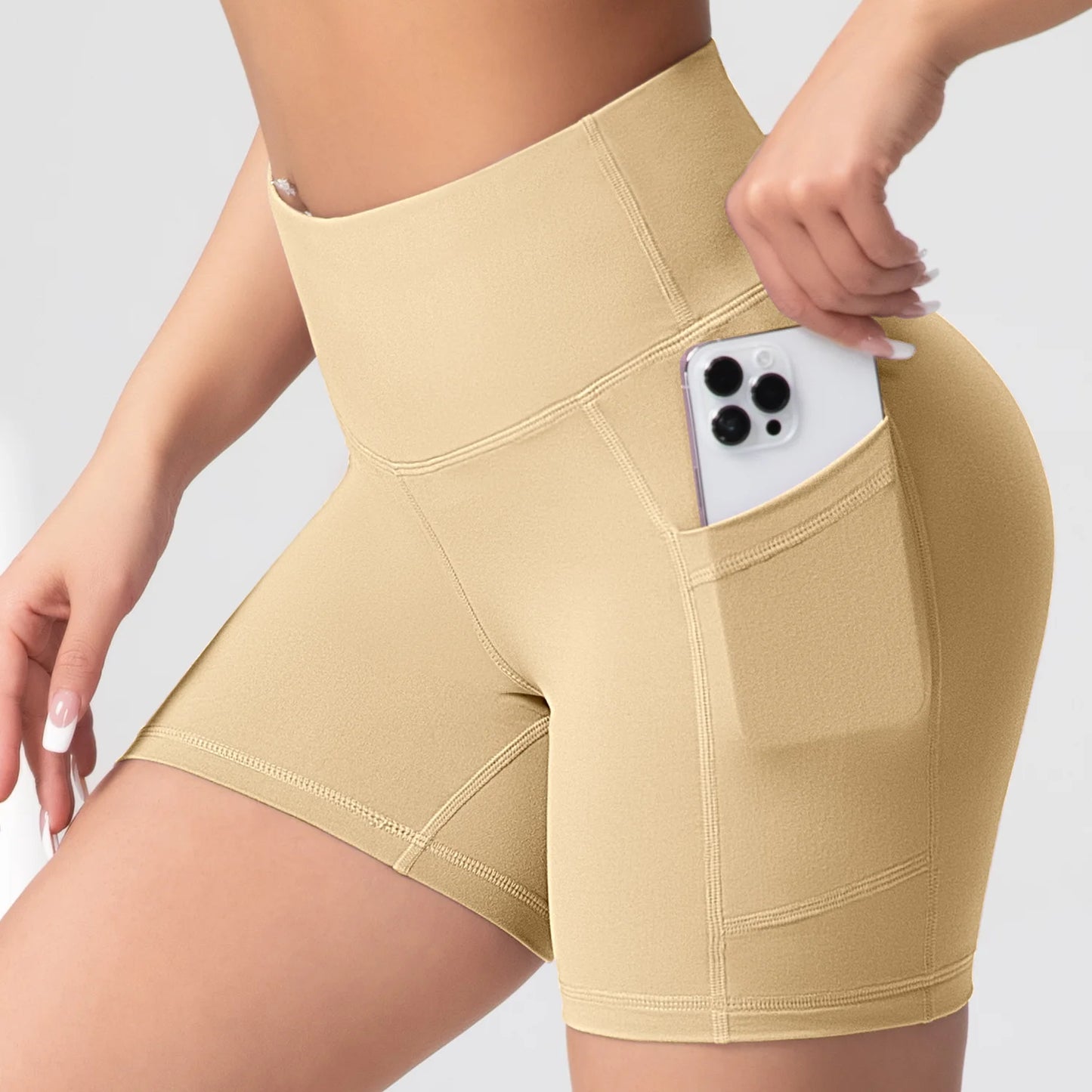 CHRLEISURE Yoga Shorts with Pockets High Waist Butt Lifting Cycling Tight Elastic Slim Running Fitness Women Shorts Sportswear