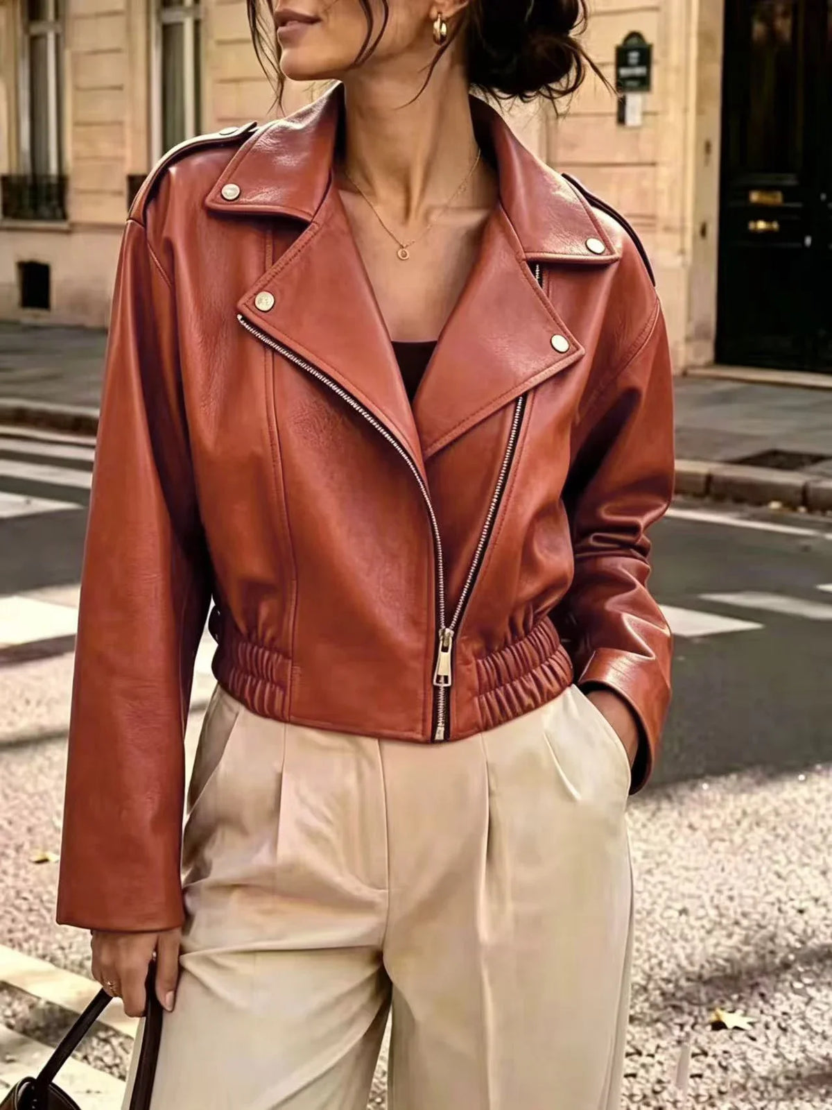 Women Cropped Faux Leather Moto Jacket Long Sleeve Oblique Zipper Biker Coat