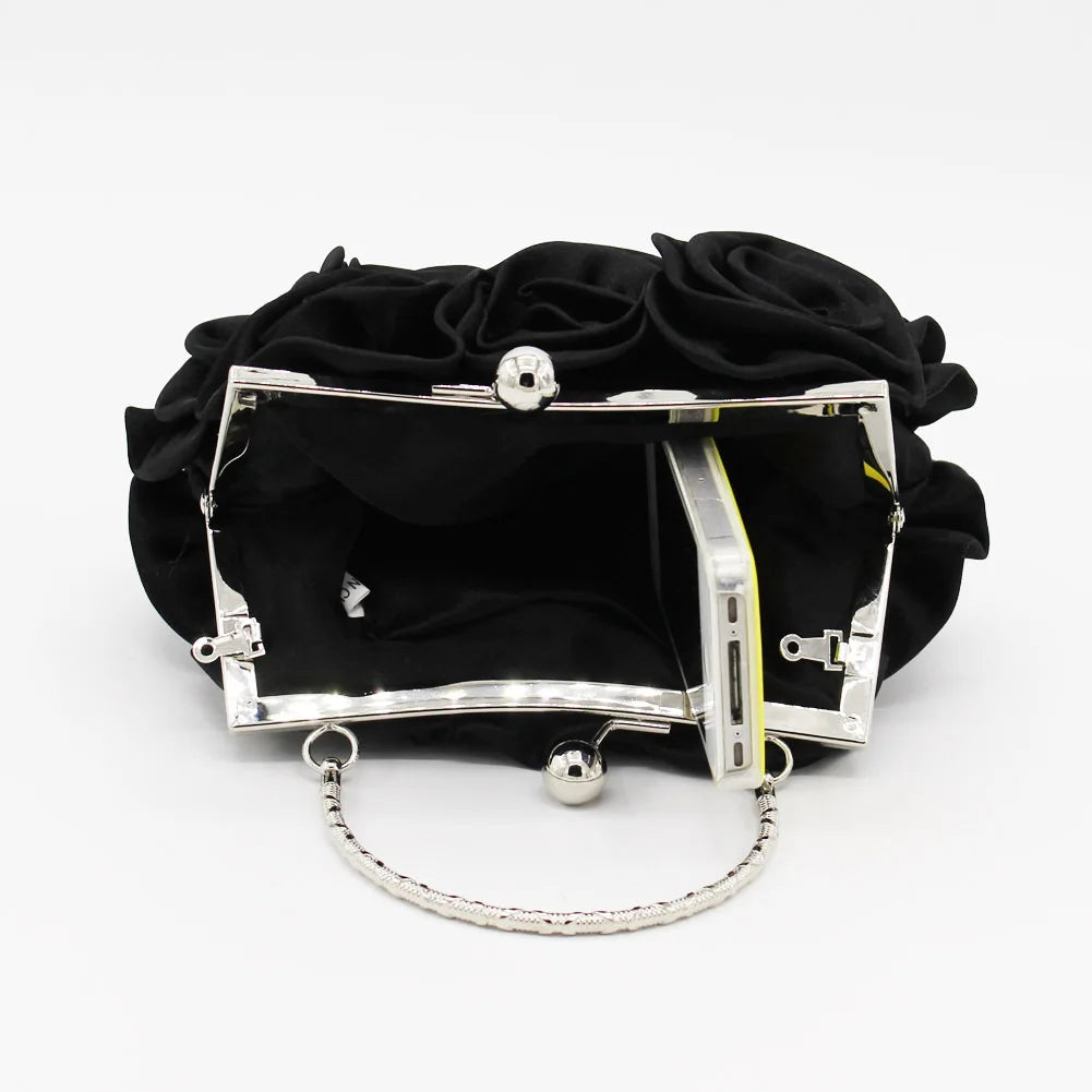 Satin Flower Clutch Bags For Women Banquet Party Evening Bags Metal Handbags Retro Blue Silver Black Chain Shoulder Bag female