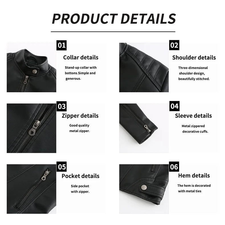Women's Leather Jacket Women's Slim-Fit Jacket Thin Autumn Jacket Women's Biker Jacket Large Size Standing Collar Leather Jacket