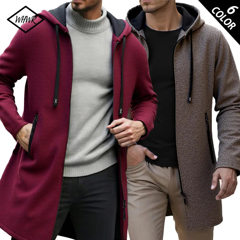 Spring Autumn Men's Hooded Long Jackets Solid Kintting Cardigan Outwear Casual Male Coats Zipper Warm Streetwear Hoodies Jacket