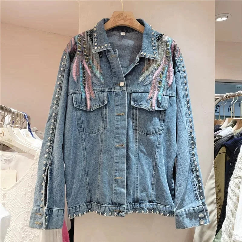 European and American style heavy industry embroidery splicing denim jacket 2025 new print loose casual denim women's jacket top