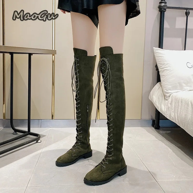 Side Zipper Lace-up Women's Long Botas Brown Black Suede Mid Heel Over-the-Knee Boots for Women Ladies Thigh High Boots Size 43