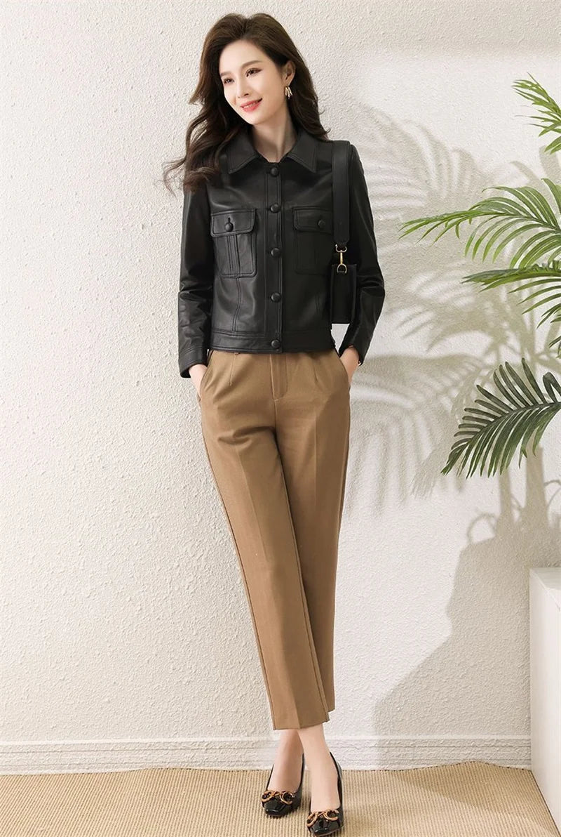 Lapel PU Leather Jacket Women 2026Spring Autumn New Coat Fashion Locomotive Goddess Overcoat High Quality Short Outerwear Female