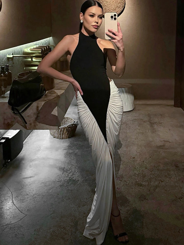 Nibber Backless Folds Maxi Dress Women Black White Patchwork Peach Butt Halter Slit Summer Trend Temperament Clubwear Vestidos