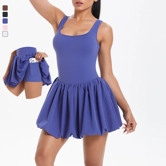 Women One Piece Tennis Dress Summer Solid Color Pocket Outdoor Running Suit Female Breathable Quick Dry Skirt Workout Clothes