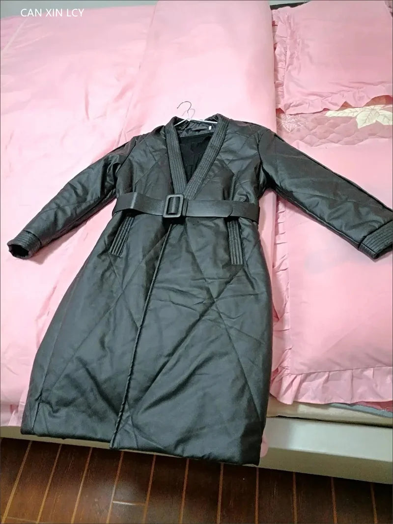 High End Leather Jacket New Women Autumn Winter Long PU Leather Windbreaker With Belt Female Down Cotton Coat Thick Warm Parkas