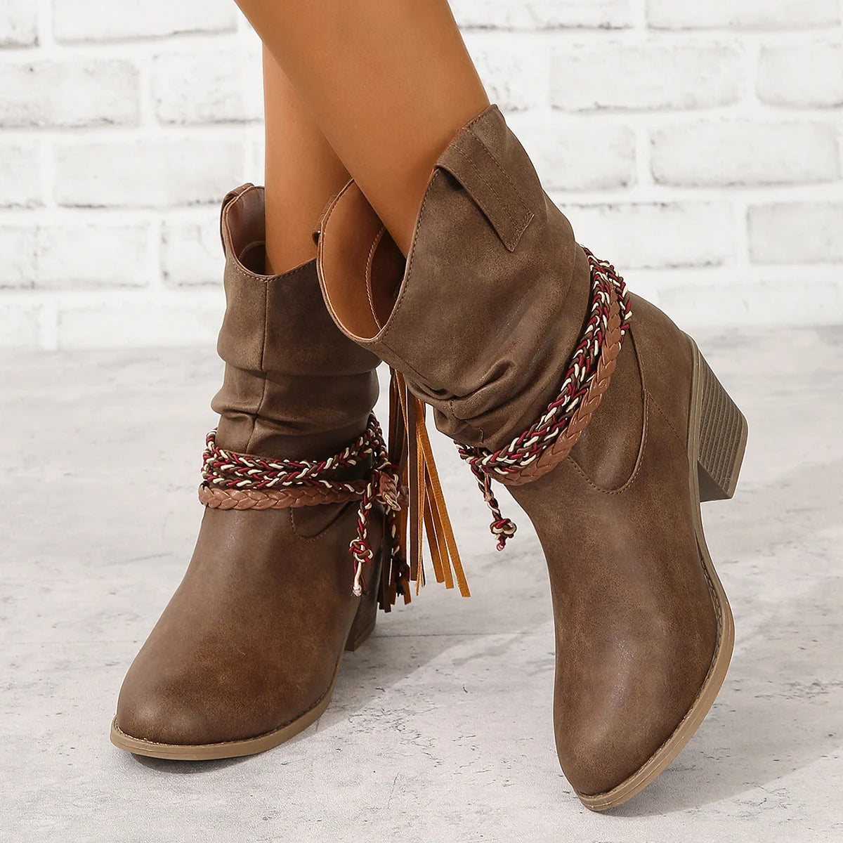 Pleated Fringed Thick Heels High Heels Fringed Boots Braids Round Toe European and American Mid-Top Women's Boots